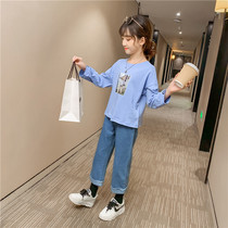 Girls  autumn suit 2021 new childrens net red tide denim two-piece set foreign style large childrens clothing girls clothes