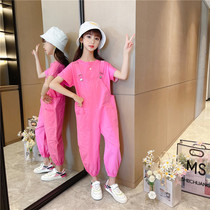 Girls net red suit summer 2021 new childrens foreign style girls summer sports bib shorts short-sleeved two-piece set