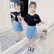 Girls  summer suit 2021 new Korean version of the childrens net red foreign style summer large childrens denim skirt two-piece set