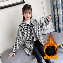 Girls Plush Wool Coat 2023 New Childrens Mid-Length Thick Tartan Winter Little Girls Coat