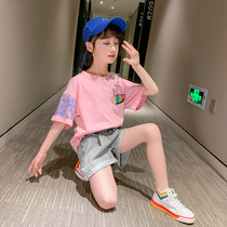 Girls  net red summer suit 2021 new Chinese childrens foreign style little girl sports fashionable short-sleeved two-piece suit
