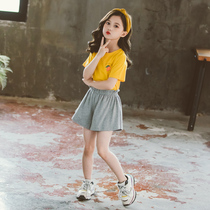 Childrens clothing Girls  suit summer Korean version of the foreign style fashion in the big virgin summer short-sleeved casual two-piece suit tide