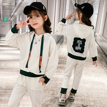 Girls spring suit 2021 new Korean version of childrens foreign style net red childrens clothing girls hooded sweater two-piece set tide