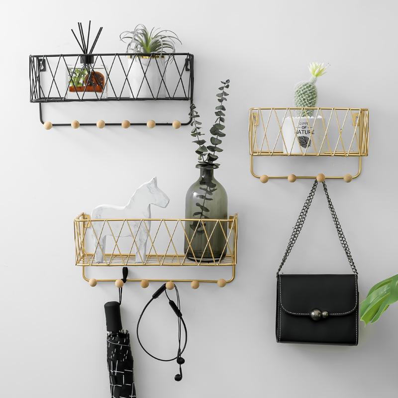 Brief Nordic Iron Art Grid Wall Shelf Creative Home Wall Hook Wall-mounted Containing Finishing Racks