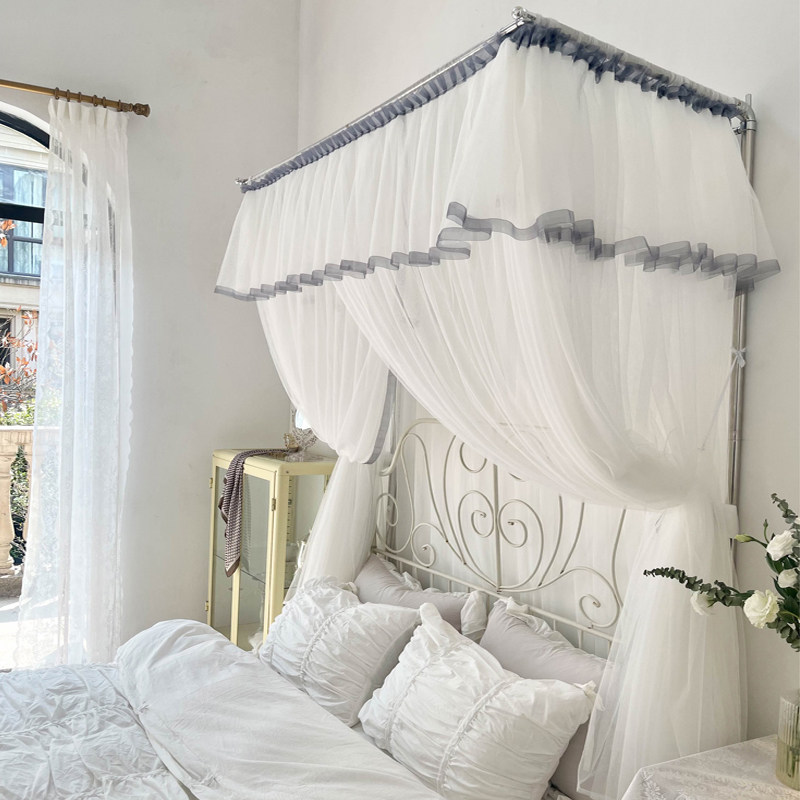 2022 new retractable mosquito net three-door 1 8m bed household encryption thickened stainless steel white net yarn Japanese style