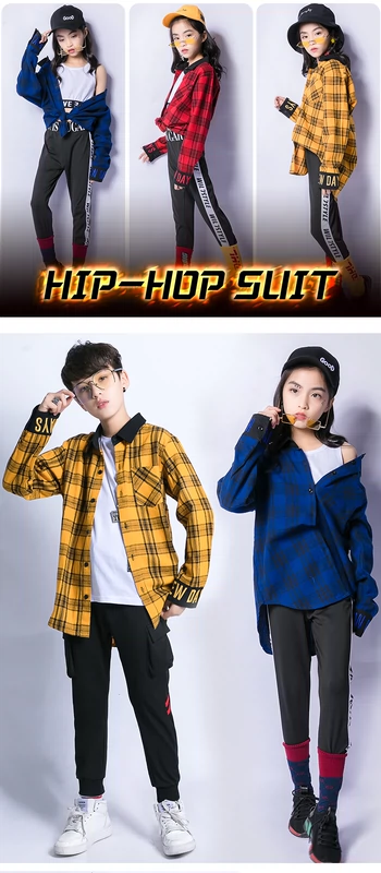 Nam và nữ hip-hop trẻ em nhảy jazz trang phục hiphop phù hợp với thời trang hip-hop hoang dã áo trên và dưới thủy triều - Trang phục