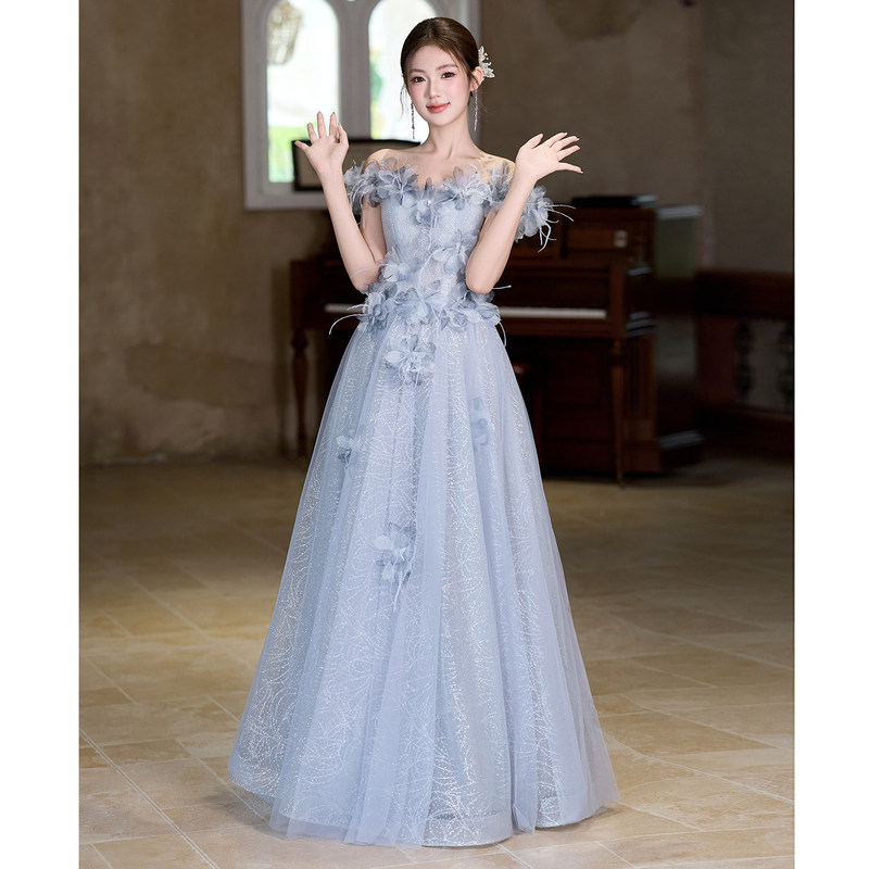 Blue Evening Dress 2026 New High-End French Floral Coming-Of-Age Ceremony Princess Dress Host Solo Performance Costume Blue Evening Dress 2026 New High-End French Floral Coming-Of-Age Ceremony Princess Dress Host Solo Performance Costume