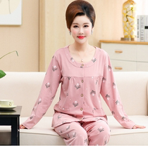 Spring and autumn pajamas womens cotton long-sleeved cardigan for the elderly without collar womens autumn middle-aged mother 50-70 years old