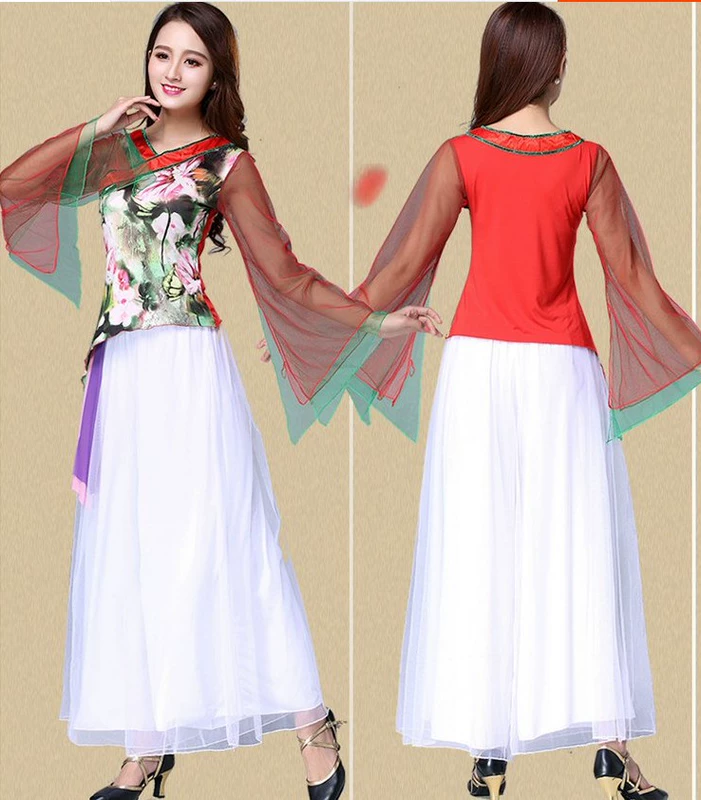 Trang phục múa vuông 2018 mới phù hợp với trang phục khiêu vũ hè hè tay dài lưới hoa gạc trang phục trung niên nữ - Khiêu vũ / Thể dục nhịp điệu / Thể dục dụng cụ đồ nhảy dancesport
