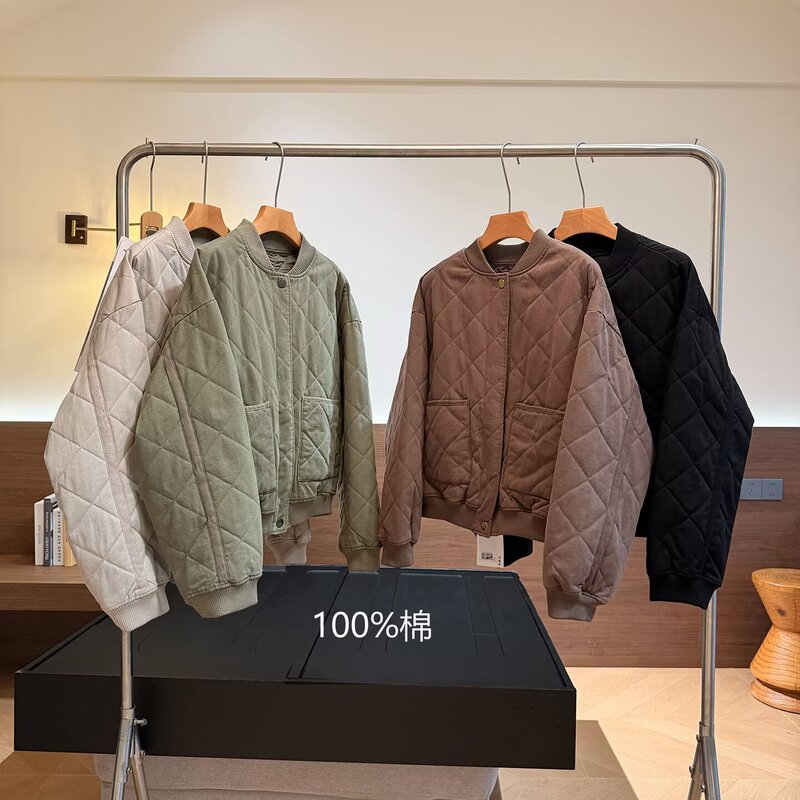 Diamond-Quilted Cotton Jacket for Women, Loose and Versatile, Short Bomber-Style Padded Warm Coat