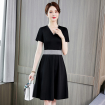 New professional wear Hepburn style black slim dress summer long slim formal occasion short sleeve temperament simple