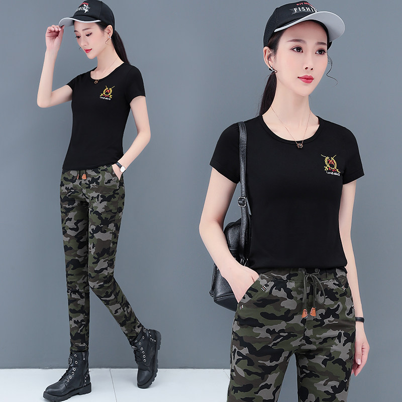 Camouflate suit female Xia Han version short sleeve T-shirt casual workout dress pants sports two suit damp