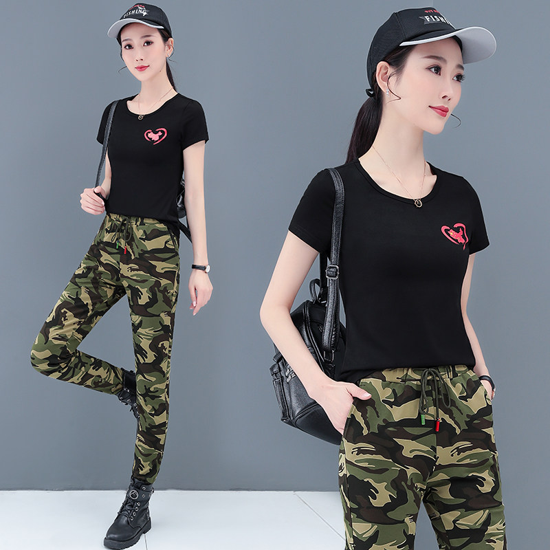 Short sleeve t-shirt camouflage trousers summer new camouflage dress women's set cotton sports casual summer sailor two-piece set