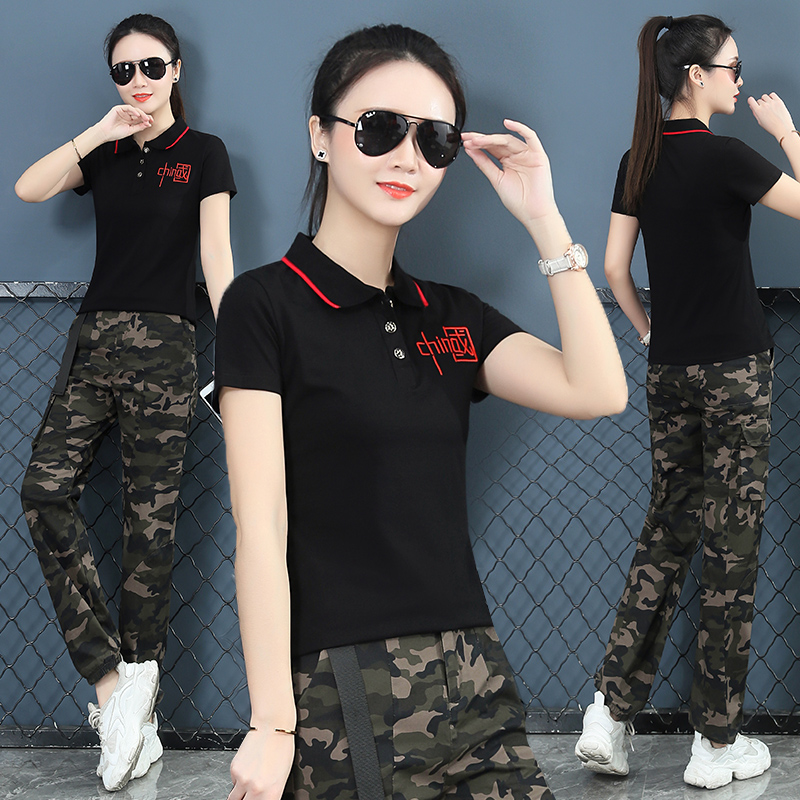 Pure cotton 2022 Summer turnover Guochao Tide Camouflawless Suit Women's Two Sets Square Ghost Walking and Relaxation Explicit and Lean Tide