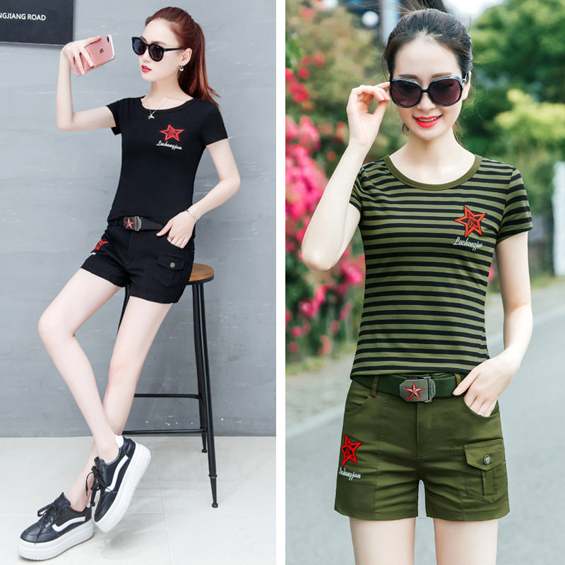 Camouflate suit female Xia Han version short sleeve T-shirt casual workout dress pants sports two suit damp