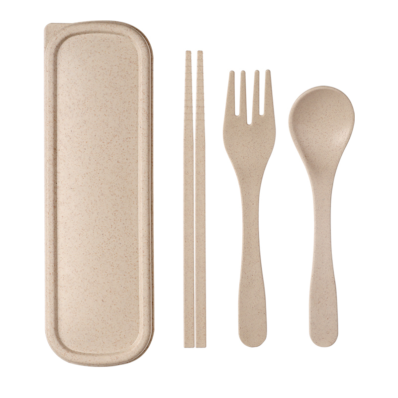 Portable cutlery Wheat straw set Spoon Chopsticks fork three-piece set Student cute travel portable box