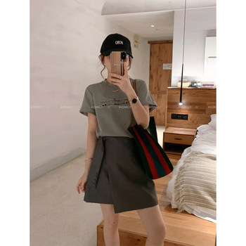 Love devil fish fashion suit women 2026 summer new sleeve short neck round t-shirt irregular skirt two-piece set