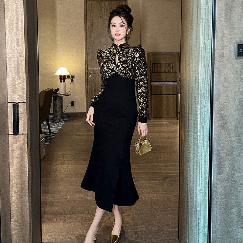 2025 Autumn Waist-Cinched Slit Dress for Women, Sequined Christmas Gown, Annual Party Evening Dress, Slim Fit Long Dress 2025 Autumn Waist-Cinched Slit Dress for Women, Sequined Christmas Gown, Annual Party Evening Dress, Slim Fit Long Dress