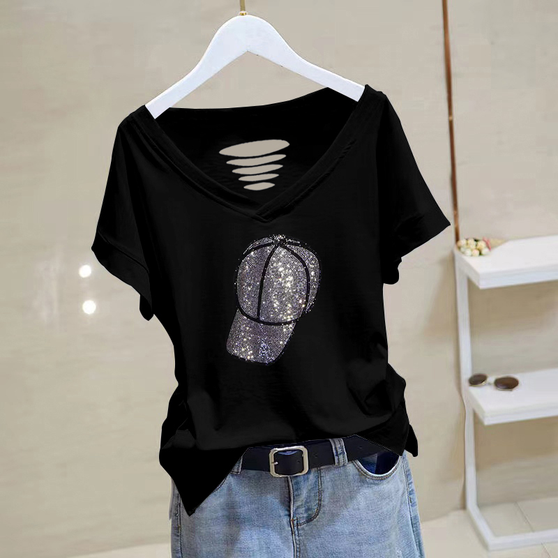2026 New Summer V-Neck Patchwork Color-Blocked Slit Short-Sleeve Pure Cotton Korean Fashion Age-Reducing T-Shirt with Rhinestones for Women