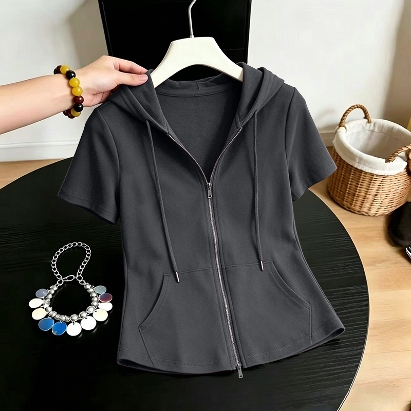 Pure Cotton Short-Sleeved T-Shirt for Women, Stylish Double-Zipper Cardigan with Hood, Summer Fashion, Versatile, Loose, Slimming, Plus-Size Top Pure Cotton Short-Sleeved T-Shirt for Women, Stylish Double-Zipper Cardigan with Hood, Summer Fashion, Versatile, Loose, Slimming, Plus-Size Top