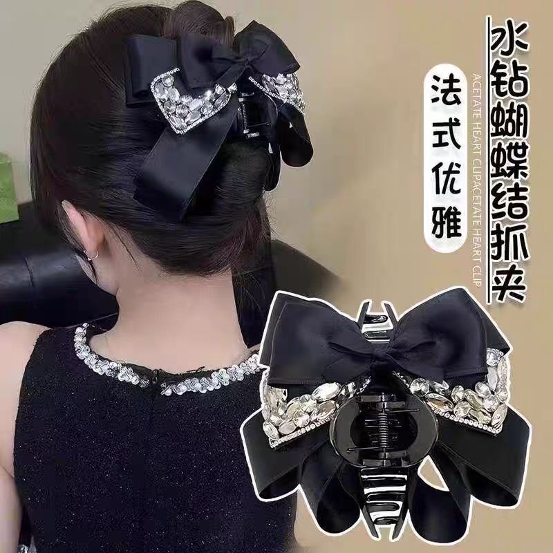 Korean Dongdaemun Luxury Multi-Layer Bowknot Heavy-Duty Rhinestone Claw Clip for Women, Fashionable Large Back-Of-Head Shark Clip