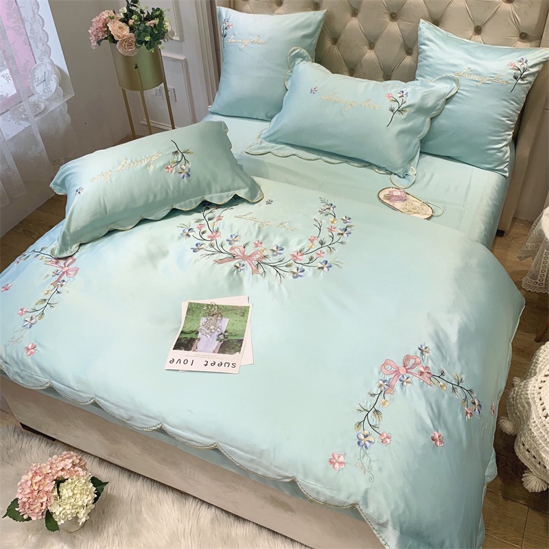 Phong cách châu Âu thêu cao cấp 60 tấm cotton bốn mảnh cotton lưới màu đỏ chăn che bộ đồ giường 1,8m - Bộ đồ giường bốn mảnh bộ chăn ga gối lụa satin