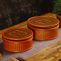 Handmade bamboo woven household tea set storage box happy basket sewing basket retro food box storage basket storage box storage box