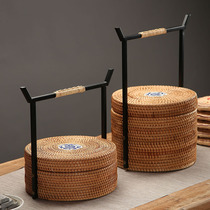 Handmade Vietnamese rattan tea cake box tea set storage box carrying basket round with lid creative desktop storage basket bamboo woven