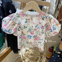 Korean Boy Clothing Girl Little Fresh And Broken Flower Bubble Sleeves Shirt 2021 Summer Little Girl Foreign Air Short Sleeve Shirt