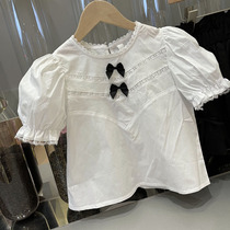 Korean Boy Clothing 2021 Summer New Girl Little Butterfly Knots Bubble Sleeves Shirt Children Little Girl Foreign Air Lining Clothes