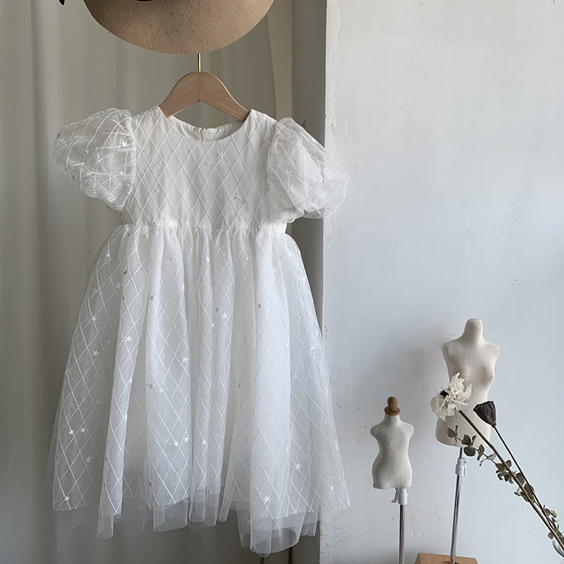 Korean children's birthday dress Princess dress Girls high-end Western style puffy dress White yarn dress host dress