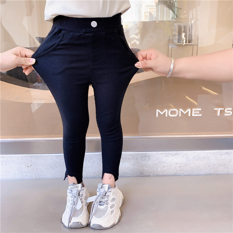 Girl Spring Fall Elastic Casual Pants Children Foreign Pie 100 Hitch Black Small Feet Baby Spring Dress Tight Fit Pants