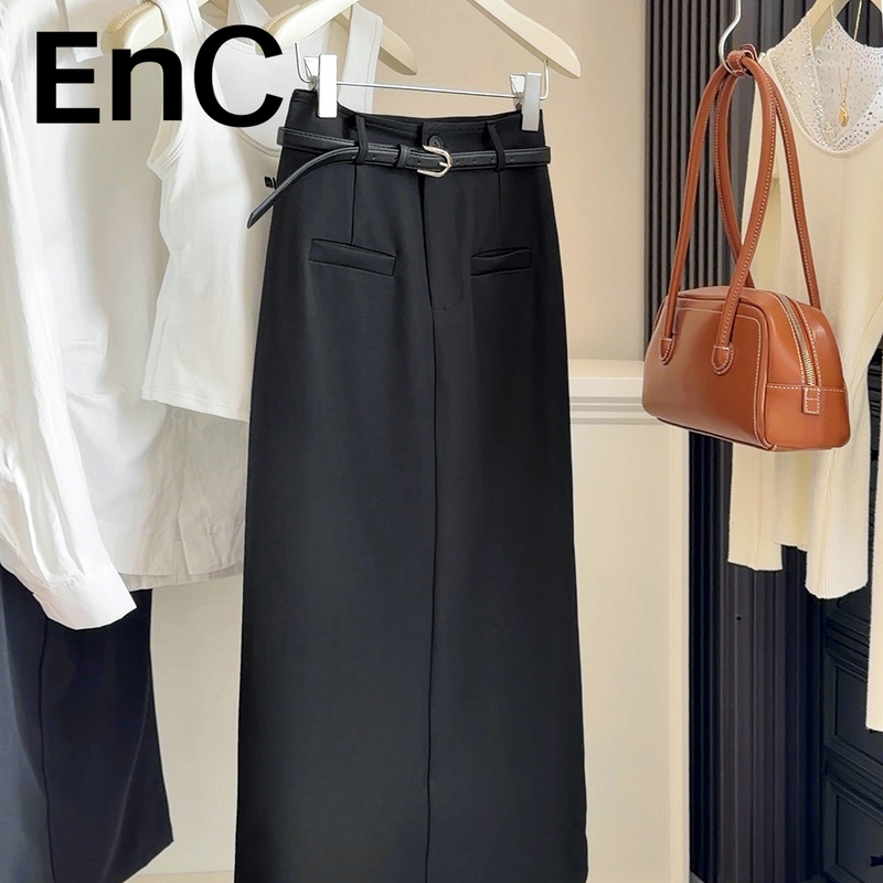Enc Yilian Group's Black Drapey Suit Skirt for Women, Summer Hip-Hugging Skirt, Straight Long Skirt