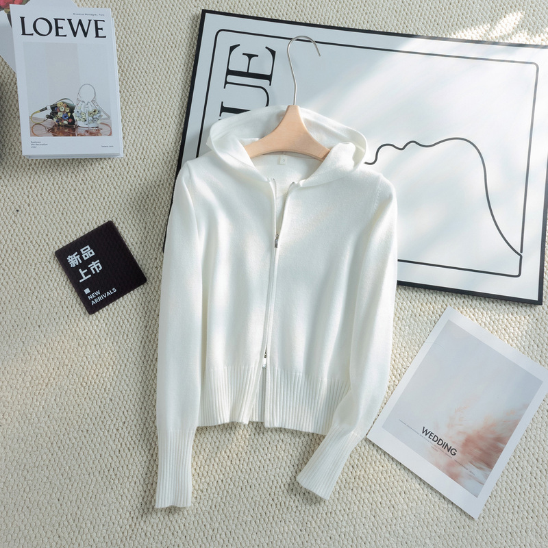 White Hooded Sweatshirt for Women, Spring and Autumn Thin Style, 2026 New Slim Fit Inner Hoodie, Double Zipper Knit Cardigan Jacket