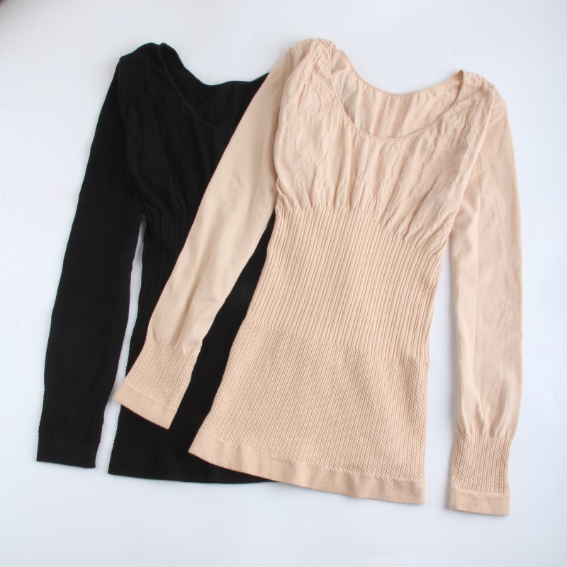 Flesh Color Tight Lace Slim slim large round collar Body Fever Coat woman blouse Shirt Woman Jersey Undershirt Longsleeve