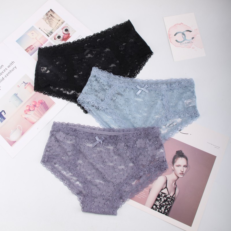 Summer underwear women's mesh lace stitching mid-waist briefs hollow perspective sexy cotton file breathable small trousers