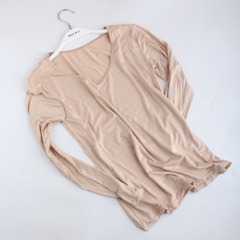 Ladies Large Collar Long Sleeve Ultra Thin Flesh Color Modal Cotton Heater Shirt Low Neck Slim Bottom Shirt Autumn Shirt