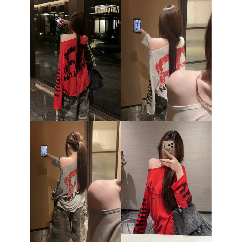 Lyocell Tencel Printed Off-Shoulder Sun Protection Shirt, Summer Long-Sleeved Women's Loose Breathable Mesh Relaxed Blouse Top