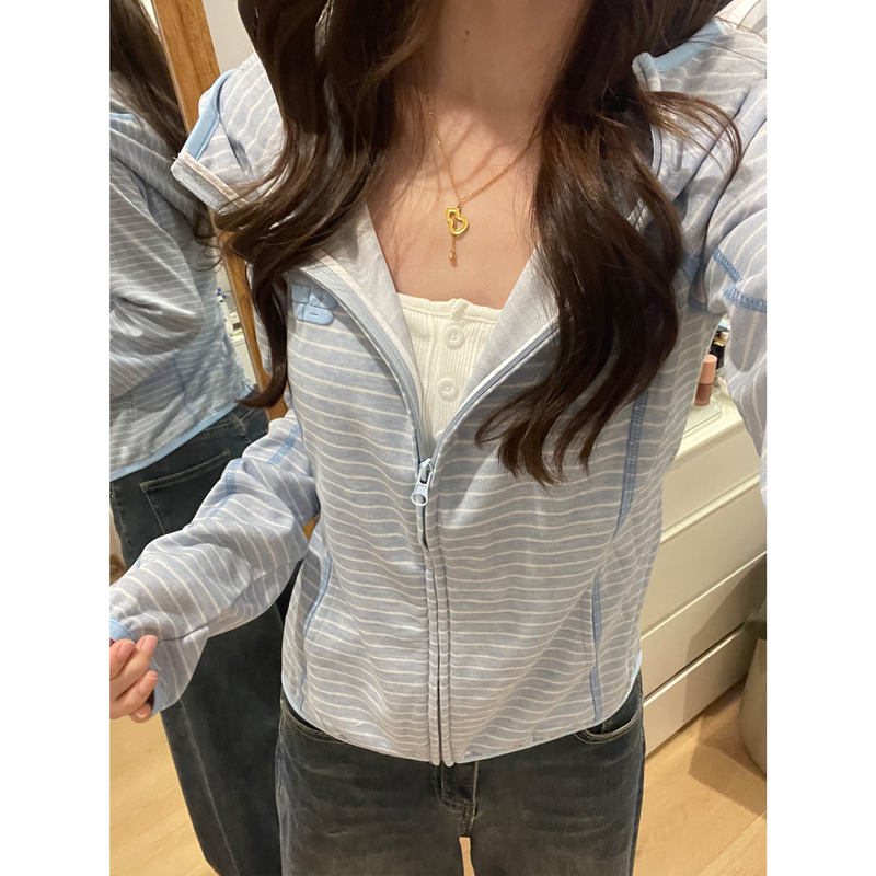 Korean Style Lazy Blue Striped Hooded Cardigan Sweatshirt for Women Early Autumn New Slim Fit Waist-Cinching Casual Sports Style Jacket
