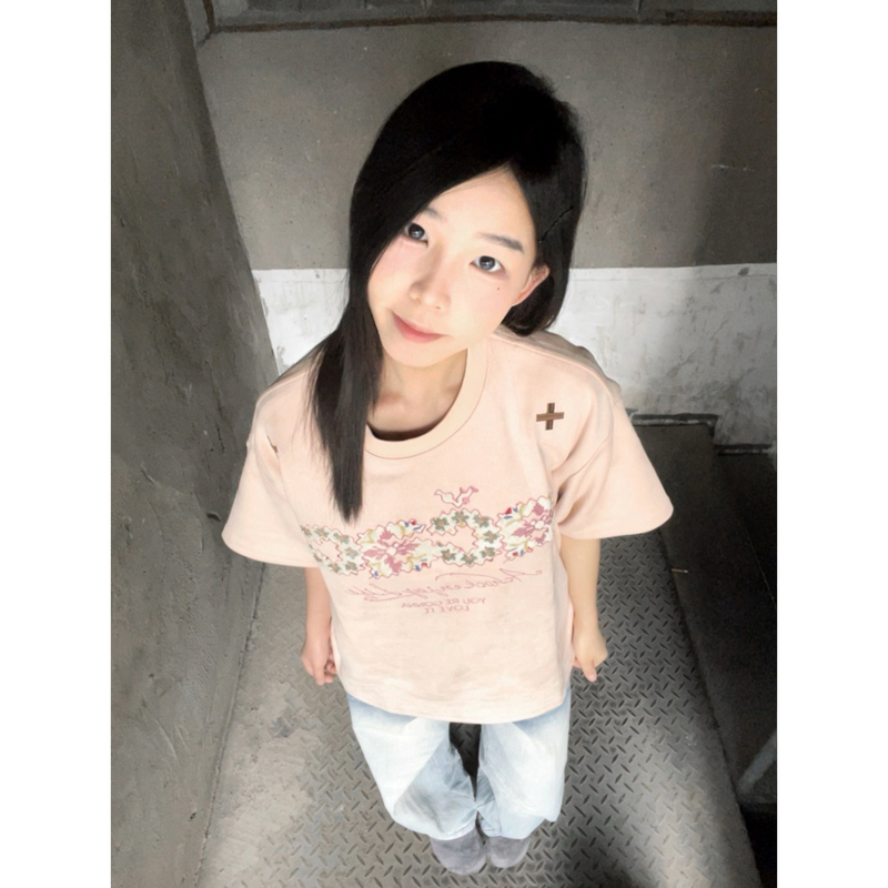 Pink Suede Velvet Heavy-Duty Short-Sleeve T-Shirt for Women, Summer Student Loose Fit with Letter Patch Embroidery, Korean Style Top