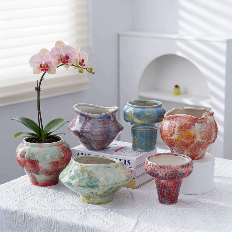 Large Green Plant Pot, Special Pot for Phalaenopsis, Irregular-Shaped Flower Pot, Colorful Ceramic Pot, Large-Diameter Flower Pot, Simple Flower Pot