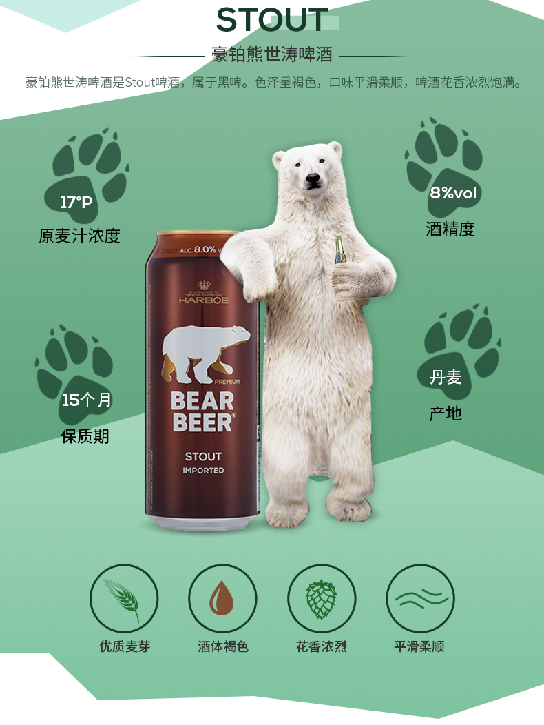 临期 德国进口 Harboe 豪铂熊 BearBeer 8°小麦黑啤酒 500mL*5听 天猫优惠券折后￥19.9包邮（￥29.9-10）