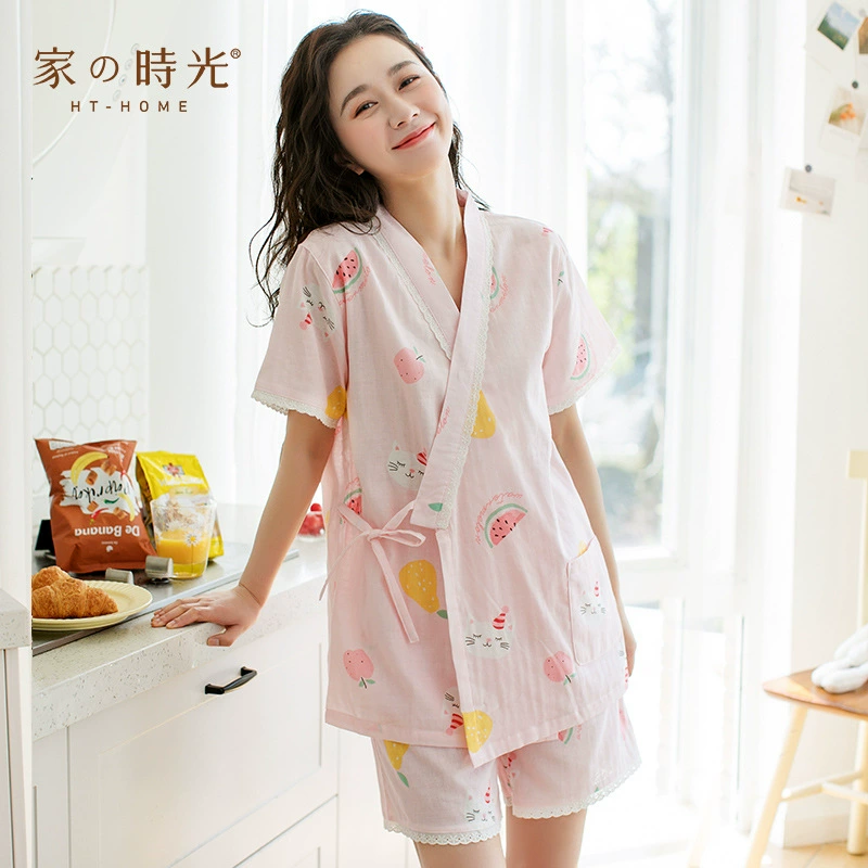 Váy bầu mùa hè quần đùi ngắn tay mỏng, đồ ngủ cotton sau sinh có buộc dây cho phụ nữ mang thai, kimono tại viện dưỡng lão - Giải trí mặc / Mum mặc
