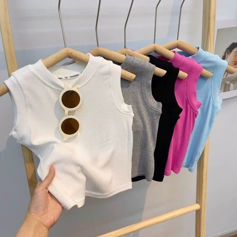 girls summer elastic sleeveless tank top breathable solid color vest