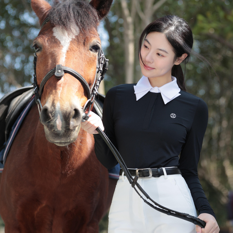 Equestrian Long-Sleeved Women's Riding T-Shirt, Stretchy Slim-Fit Polo Shirt, Rider's Top Clothing and Equipment