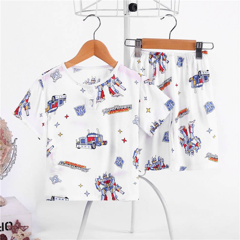 . Pajamacotton lụa của nam giới và trẻ em gái về nhà quần áo bộ ngắn tay lụa bé cậu bé điều hòa không khí quần áo trẻ em Mùa mỏng.