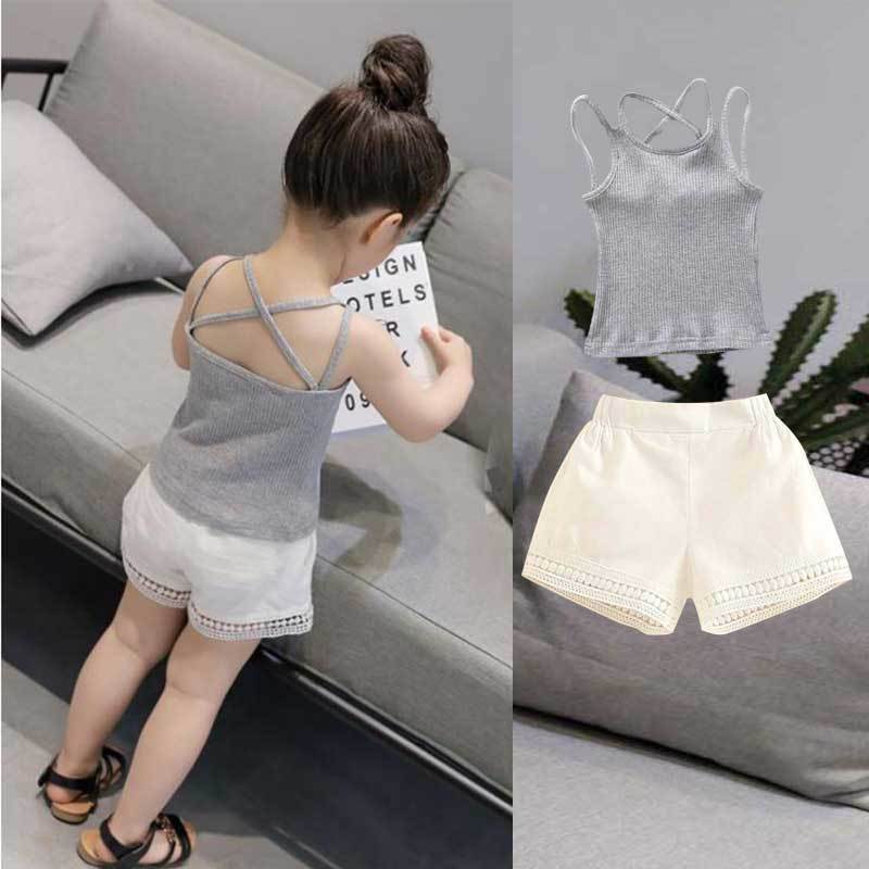 . Cô gái bộ sling trang phục mùa hè womens mới trân trọng hai mảnh thiết lập trẻ em nhỏ vest quần short.