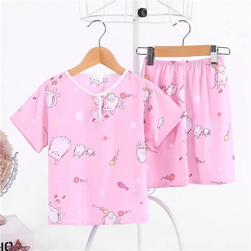 . Pajamacotton lụa của nam giới và trẻ em gái về nhà quần áo bộ ngắn tay lụa bé cậu bé điều hòa không khí quần áo trẻ em Mùa mỏng.