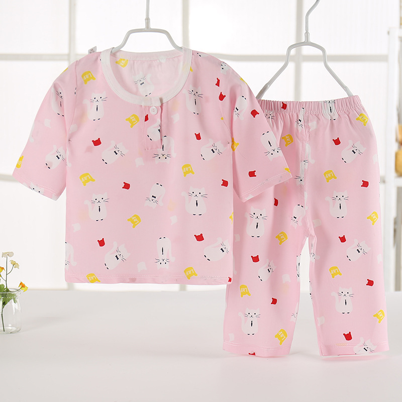 . Các mùa xuân mới và mùa hè childrens lụa bông pajama bộ đồ ngủ bằng lụa mỏng bảy tay áo cô gái T-shirt điều hòa không khí gia đình.