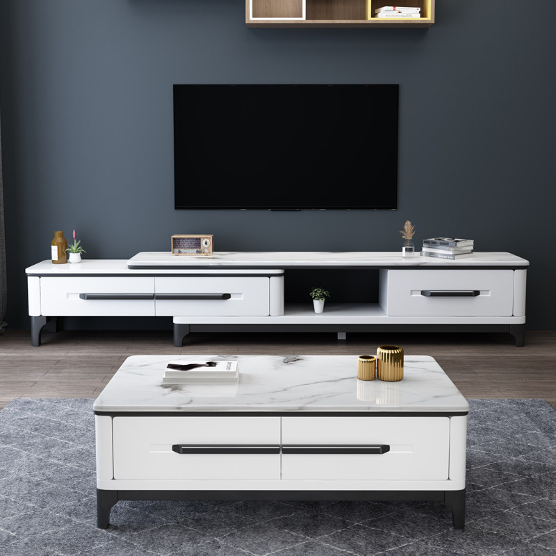 Marble tea table TV cabinet Composition modern minimalist home small family style living room telescopic cabinet solid wood ground cabinet suit